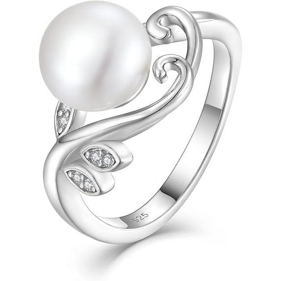 Pearl Ring, 925 Sterling Silver Leaf Rings, 9mm White Freshwater Cultured Pearl Rings for Women, Size 5-10