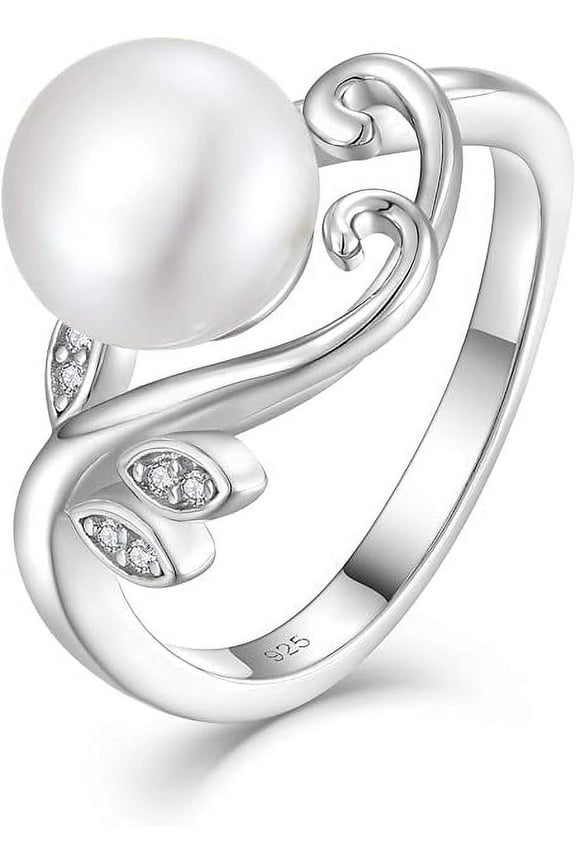 Pearl Ring, 925 Sterling Silver Leaf Rings, 9mm White Freshwater Cultured Pearl Rings for Women, Size 5-10