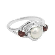 EARTHGEMS JEWELLERY Pearl Ring Garnet Ring Gemstone Ring Sterling Silver Ring Statement Ring for Women