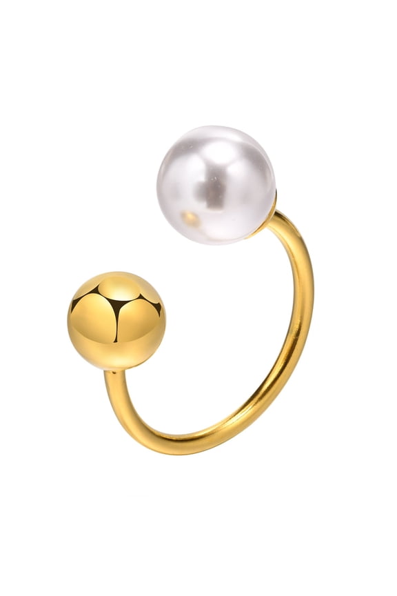 Pearl Ring Stainless Steel Adjustable Open Band With Ball Accent Jewelry For Everyday Wear And Timeless Gift U