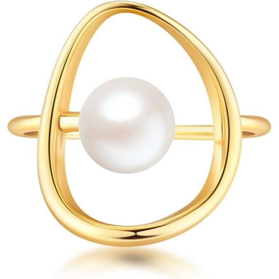 Pearl Ring for Women 925 Sterling Silver 14k Gold Plated Ring Mother Daughter Ring Danity Irregular Statement Wedding Band Bridal Ring Graduation Jewelry Birthday Summer Ocean Gifts for Her