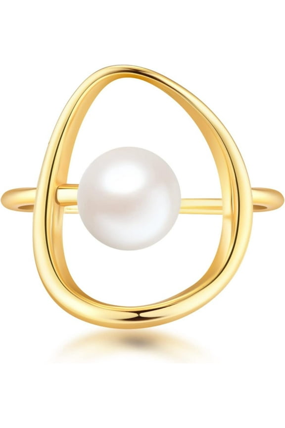 Pearl Ring for Women 925 Sterling Silver 14k Gold Plated Ring Mother Daughter Ring Danity Irregular Statement Wedding Band Bridal Ring Graduation Jewelry Birthday Summer Ocean Gifts for Her