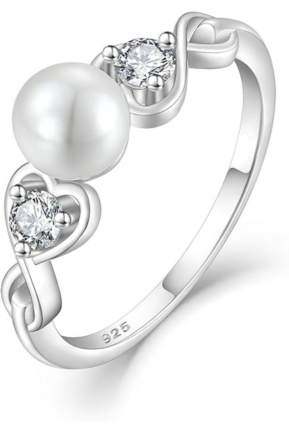 Pearl Ring for Women, 925 Sterling Silver Infinity Cubic Zirconia Women's Rings with 6mm White Freshwater Cultured Pearl, Wedding Jewelry Engagement Band Rings for women Wife, Size 5-10