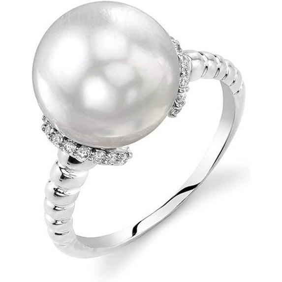 Pearl Ring with 11mm Round White South Sea Cultured Pearl and 14K Gold Jackie Pearl and Diamond Ring for Women - THE PEARL SOURCE