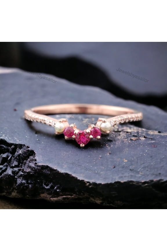 Pearl Ruby Wedding Band Half Eternity Stacking Minimalist Delicate Ring Akoya Pearl Ring Girl Matching Band Gold Women Jewelry Gift For Wife