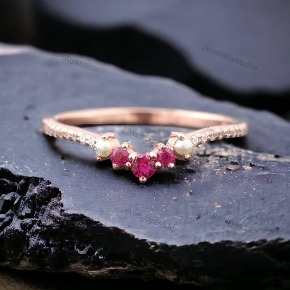 Pearl Ruby Wedding Band Half Eternity Stacking Minimalist Delicate Ring Akoya Pearl Ring Girl Matching Band Gold Women Jewelry Gift For Wife