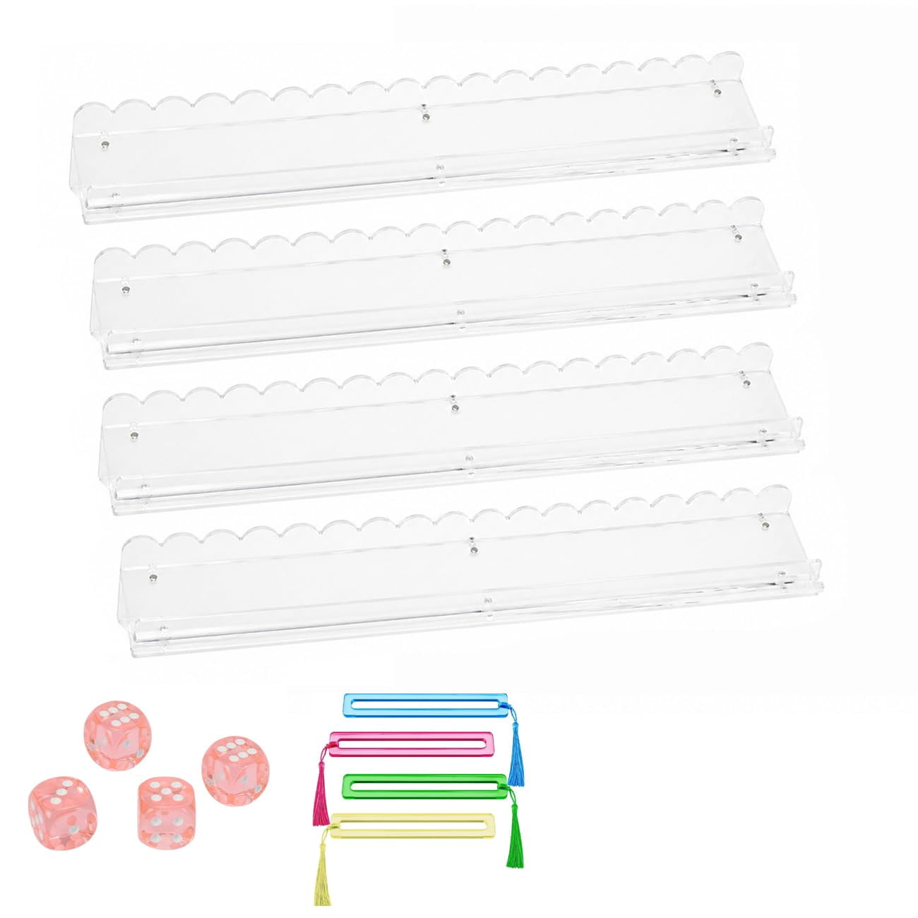 Pearl Scalloped Mahjong Racks with Magnetic Pushers 17.5''/20'', Tortoise Mahjong Rack & Pusher Set of 4
