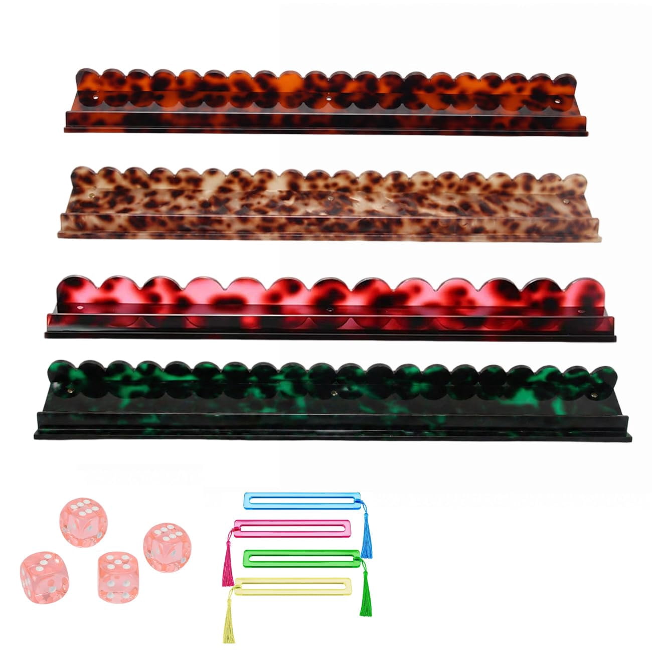 Pearl Scalloped Mahjong Racks with Magnetic Pushers 17.5''/20'', Tortoise Mahjong Rack & Pusher Set of 4