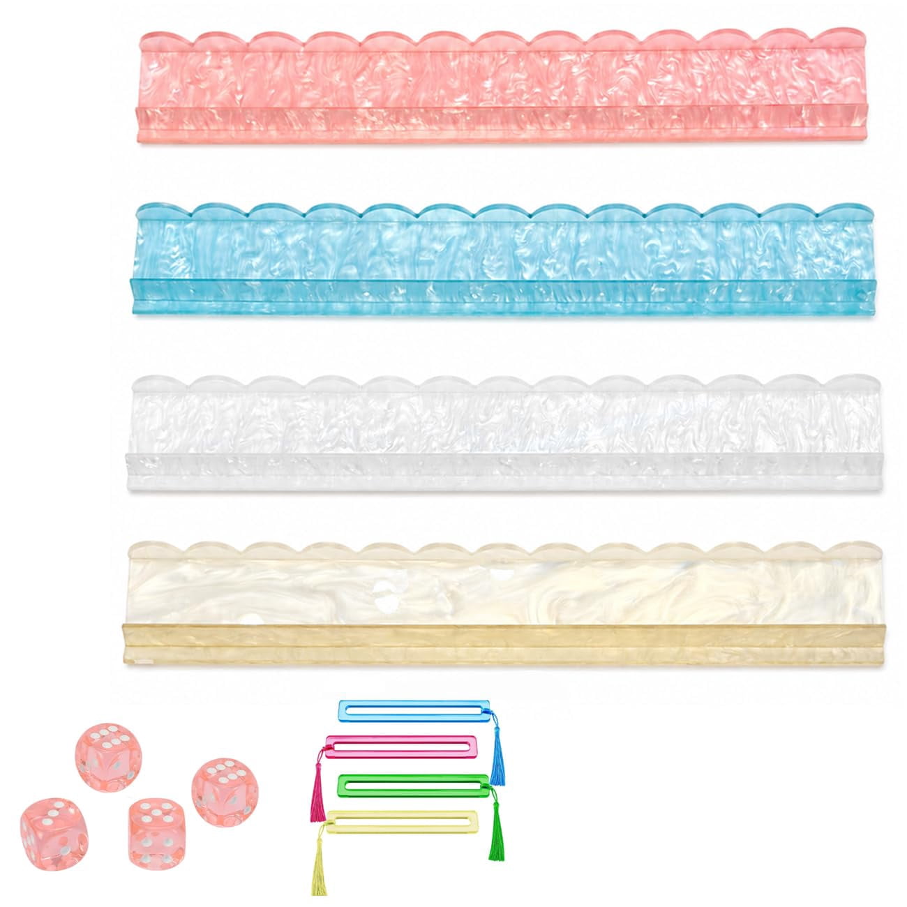 Pearl Scalloped Mahjong Racks with Magnetic Pushers 17.5''/20'', Tortoise Mahjong Rack & Pusher Set of 4
