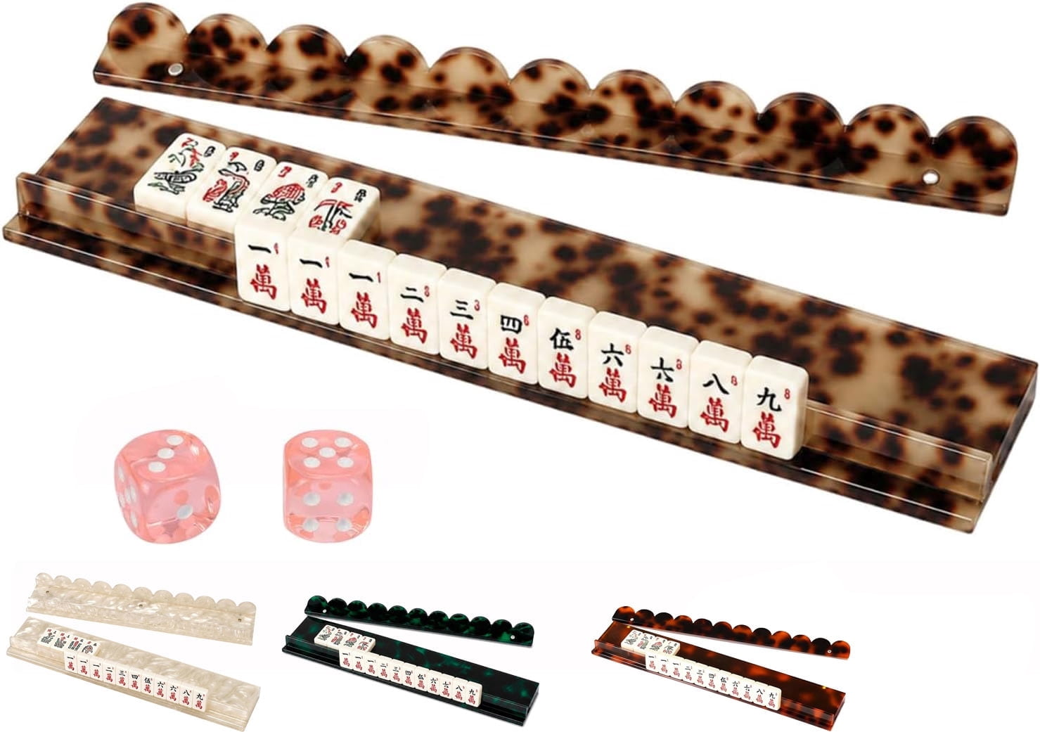 Pearl Scalloped Mahjong Racks with Magnetic Pushers, 1PCS Tortoise Shell Mahjong Rack, 20" Luxury Acrylic Mahjong Racks (Beige Tortoise-1PC)