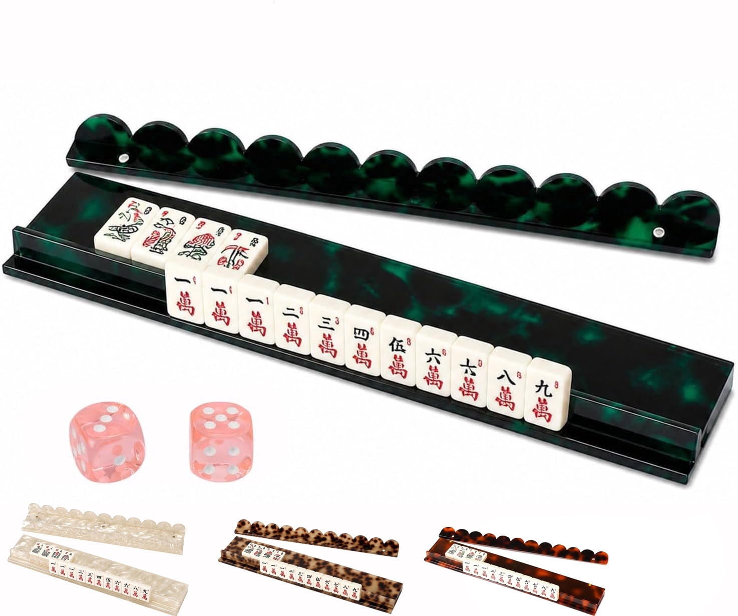 Pearl Scalloped Mahjong Racks with Magnetic Pushers, 1PCS Tortoise Shell Mahjong Rack, 20" Luxury Acrylic Mahjong Racks (Green Tortoise-1PC)