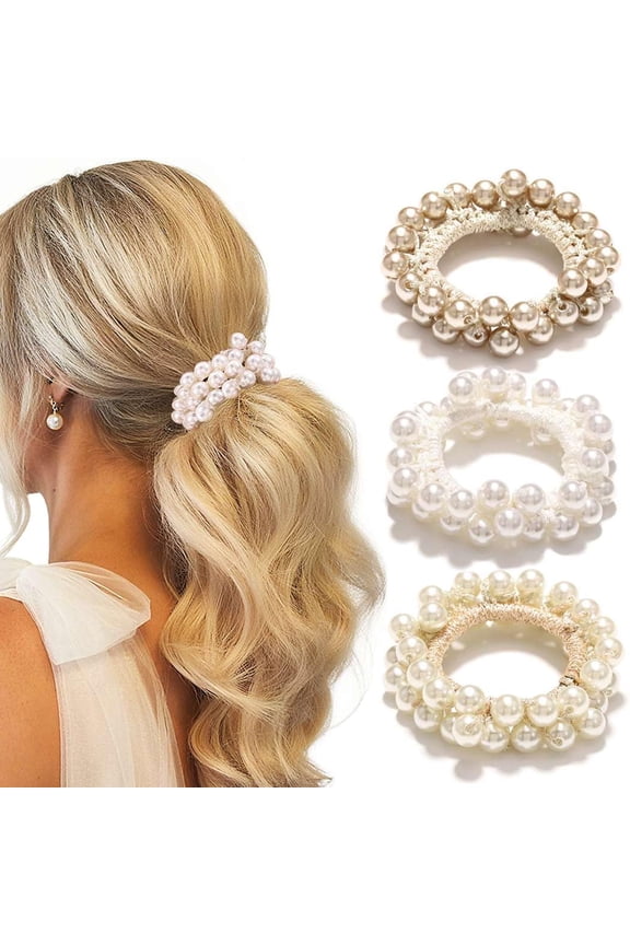 Pearl Scrunchies Beaded Hair Ties Decorative Ponytail Holder Pearl Hair Accessories for Women and Girls (Pack of 3)
