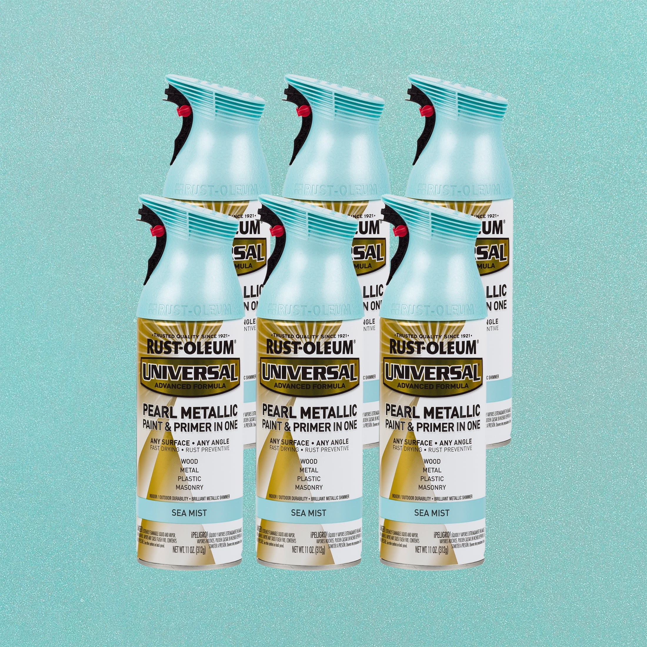 6 Pack, Pearl Sea Mist, Rust-Oleum Universal All Surface Interior/Exterior Metallic Spray Paint-301551, 11 oz