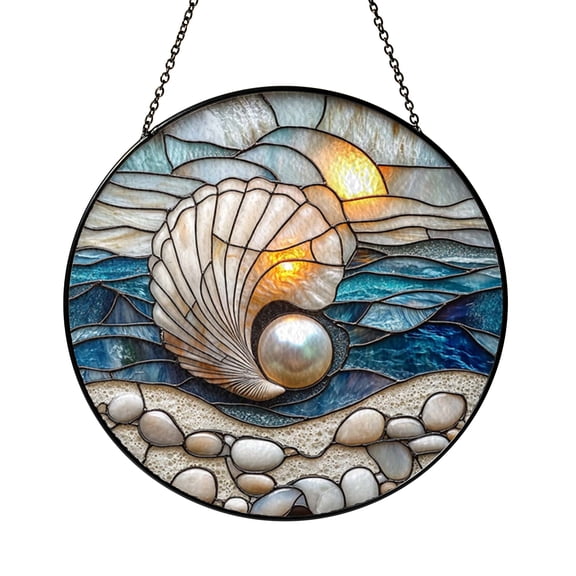 Pearl Seashell Stained Glass Suncatcher Window Decor, Iridescent Ocean Style Hanging Ornament for Coastal Home