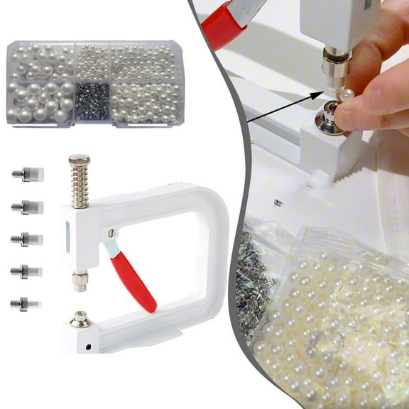 Pearl Setting Hand Press Machine with White Beads for DIY Crafts & Clothing