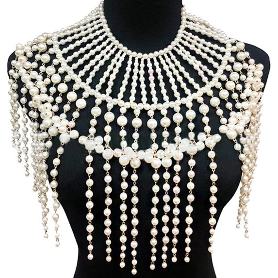 Pearl Shawl Layered Jewelry Shoulder Body Chain Harness Pearl Beaded Necklace Collar