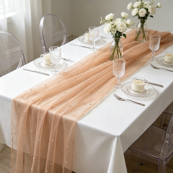Pearl Sheer Table Runner 30x118 Inch, Elegant Tulle Wedding Party Decor for Dining Table, Soft Translucent Fabric Centerpiece for Home Event, DIY Backdrop for Banquet Reception