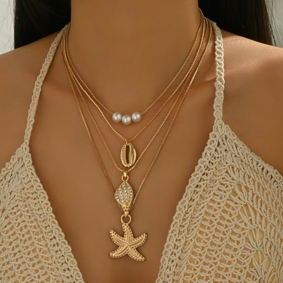 Pearl Shell Layered Pendant Necklace - Gold Chain with Pearl, Conch, and Starfish Pendant Necklace - Bohemian Women's Summer Beach Jewelry