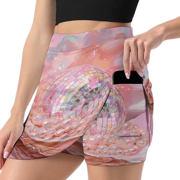 Pearl Shell with Disco Ball Women's Shorts Non-Slip Single Pocket A-line Trouser Skirt Summer Shorts Casual Shorts for Women