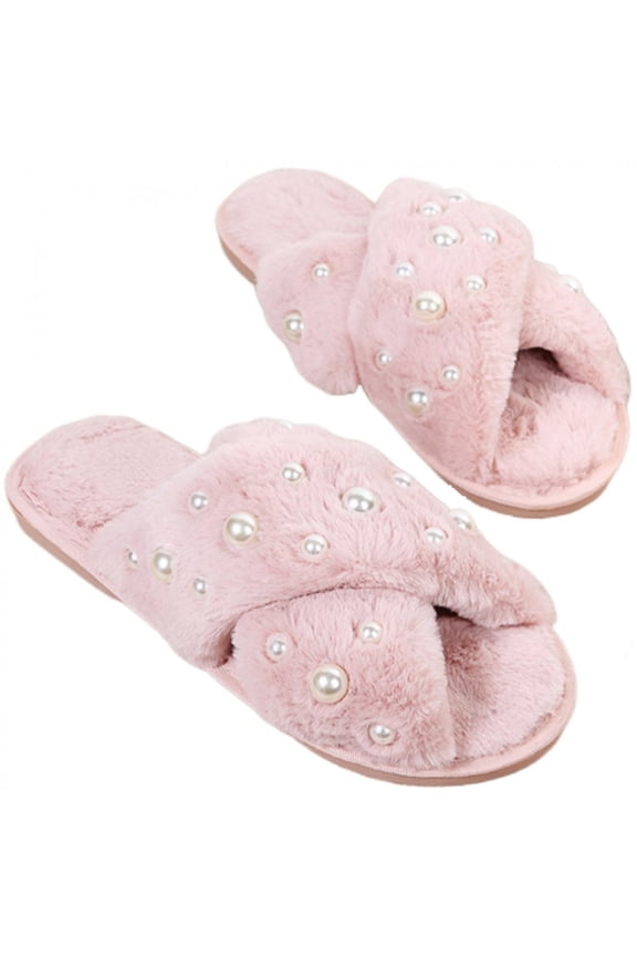 Pearl Slippers Women's Fuzzy Cross Slippers Bride Wedding Slippers Gift Open Toe House Slipper Bedroom Shoe Indoor Outdoor