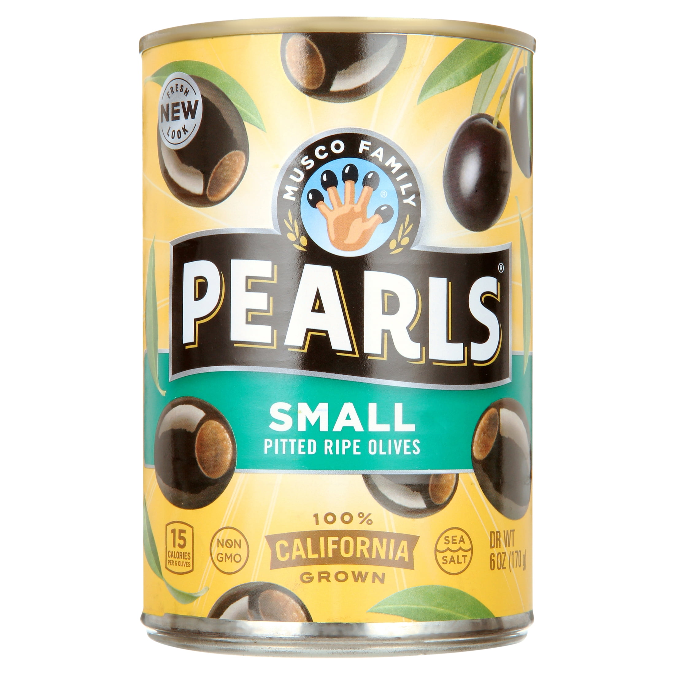 PEARLS Pearl Small Pitted California Ripe Olives 6 oz. Can. Major Allergens Not Contained.