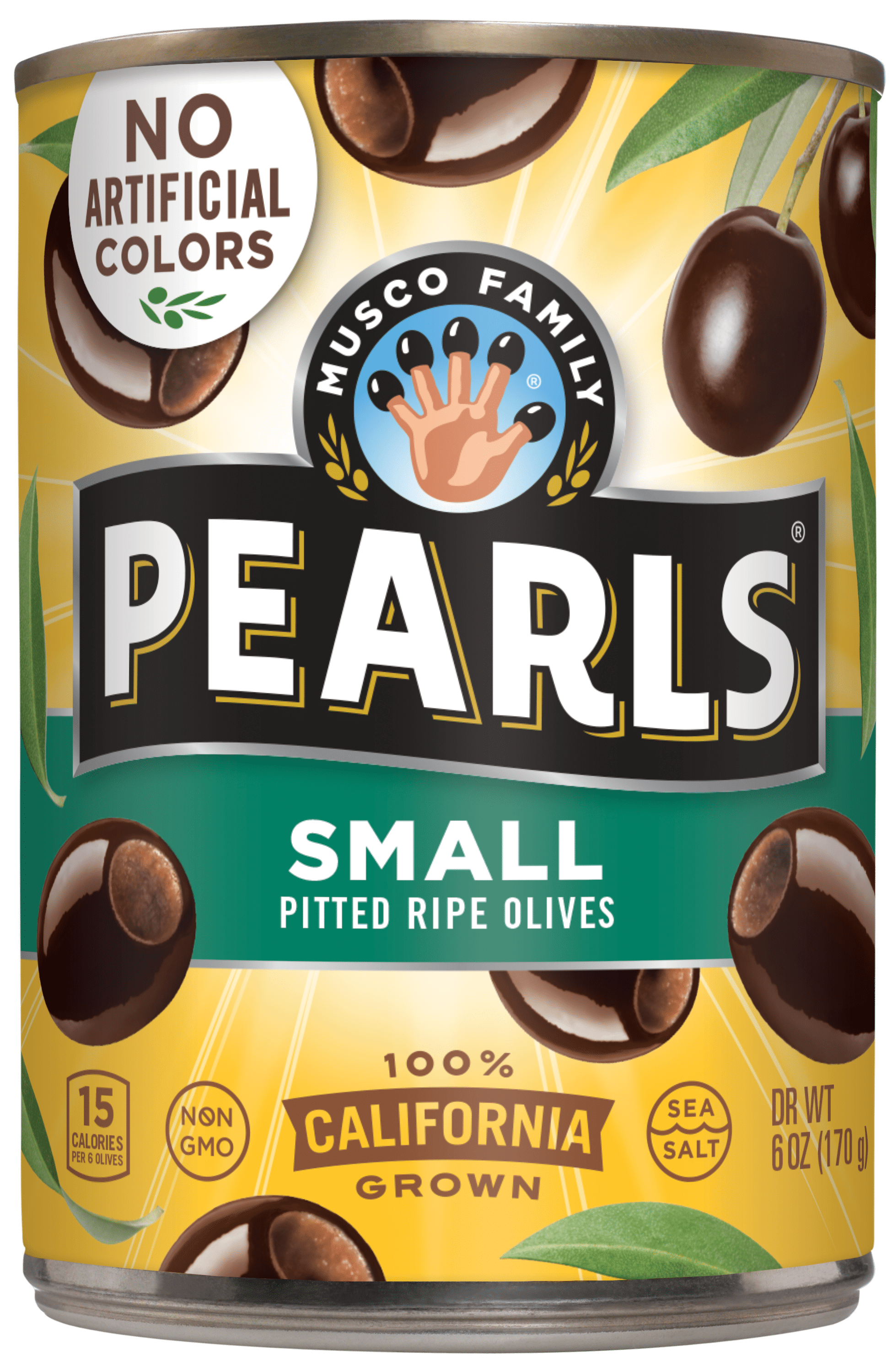PEARLS Pearl Small Pitted California Ripe Olives 6 oz. Can. Major Allergens Not Contained.