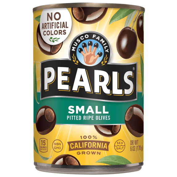 Pearl Small Pitted Black Ripe Olives 6 oz. Can. No Artificial Colors. Major Allergens Not Contained.