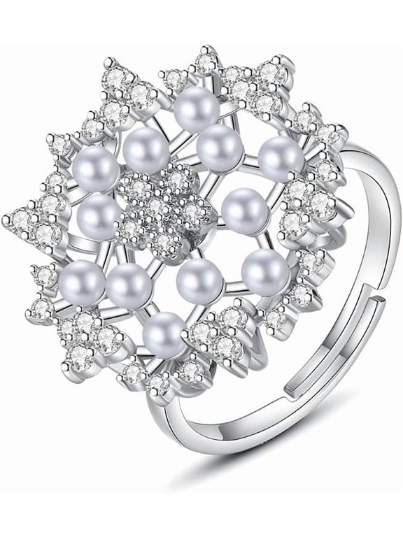 Pearl Snowflake Ring for Women Cubic Zirconia Floral Statement Ring Promise Engagement Rings Wedding Band Rings Fashion Jewelry