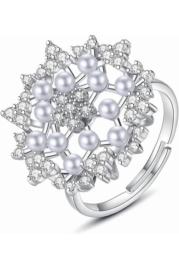 Pearl Snowflake Ring for Women Cubic Zirconia Floral Statement Ring Promise Engagement Rings Wedding Band Rings Fashion Jewelry