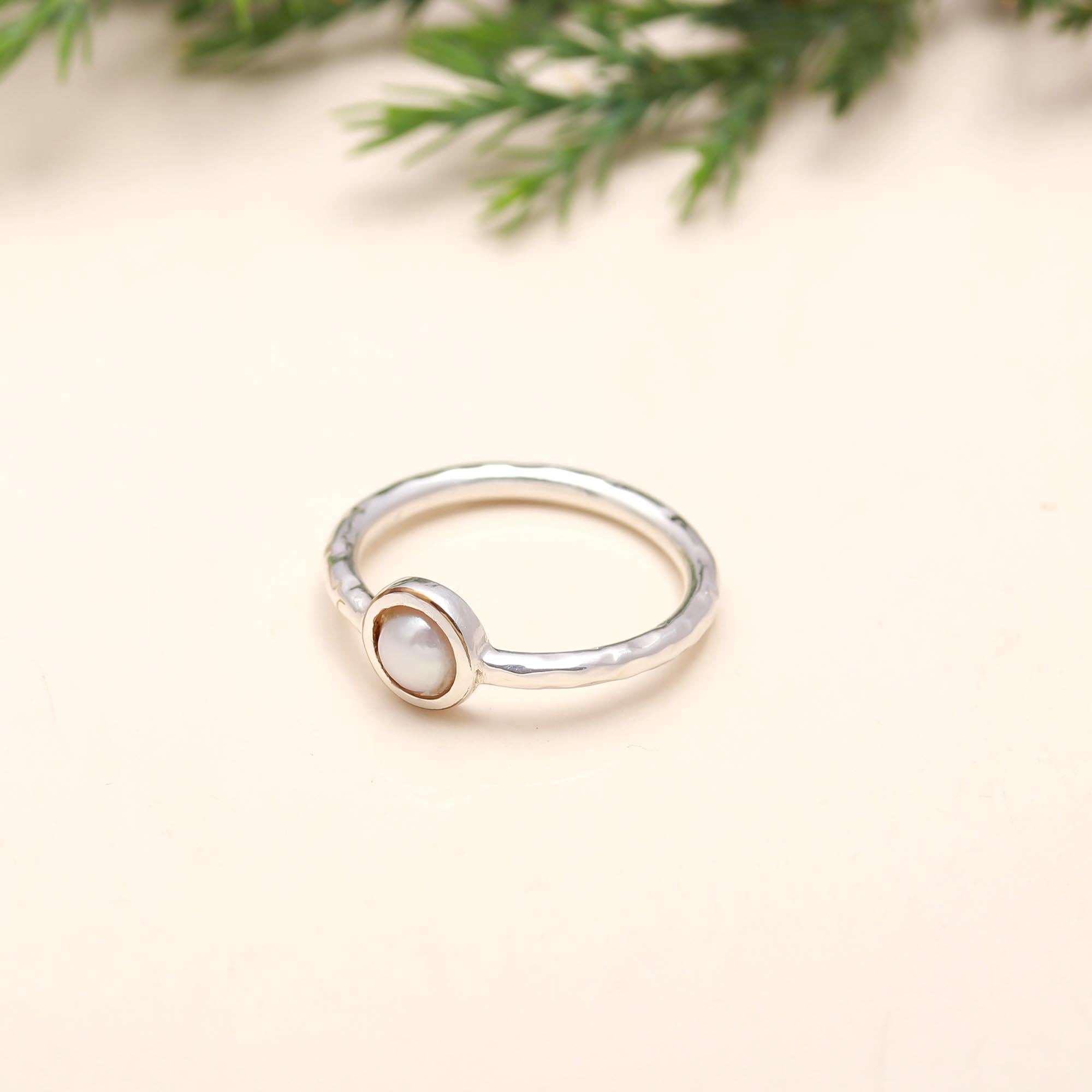 Pearl Stacking Ring, 925 Sterling Silver Dainty Hammered Band Ring for ...