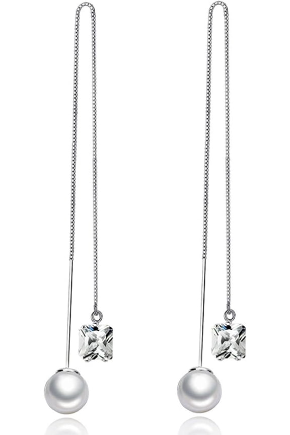 Pearl Sterling Silver Threader Earrings for Women Hypoallergenic White Green Square Rhinestone Crystal Long Tassel Earrings Dangling Fashion Jewelry[l838]