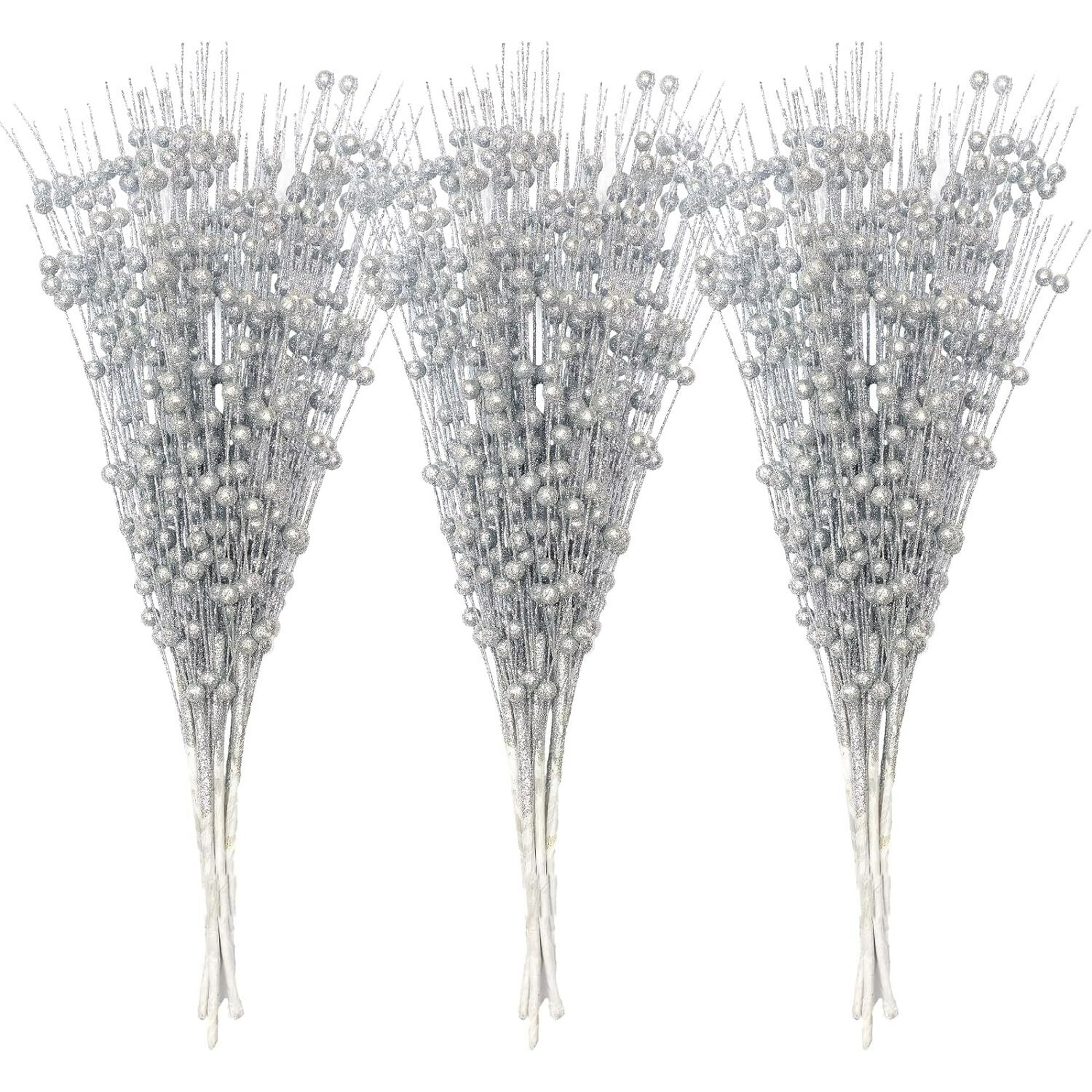 Pearl Stick Stems Bouquets, Christmas Glitter Berries Stems，Garland Beaded Spray Filler Floral Arrangements Tree Picks Wedding Party Decoration, Christmas Tree Picks,Silver,30 pack