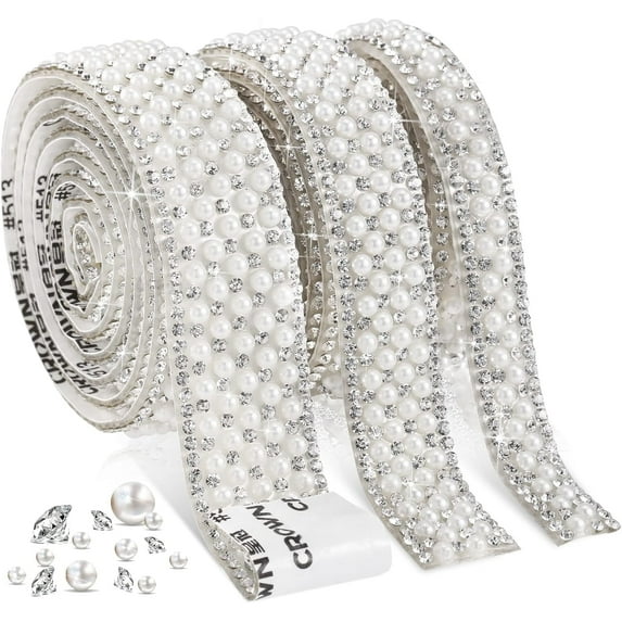 Pearl Stickers 3 Rolls Rhinestone Ribbon for DIY Items Wedding Birthday Party Crafts Decoration(3 Size）