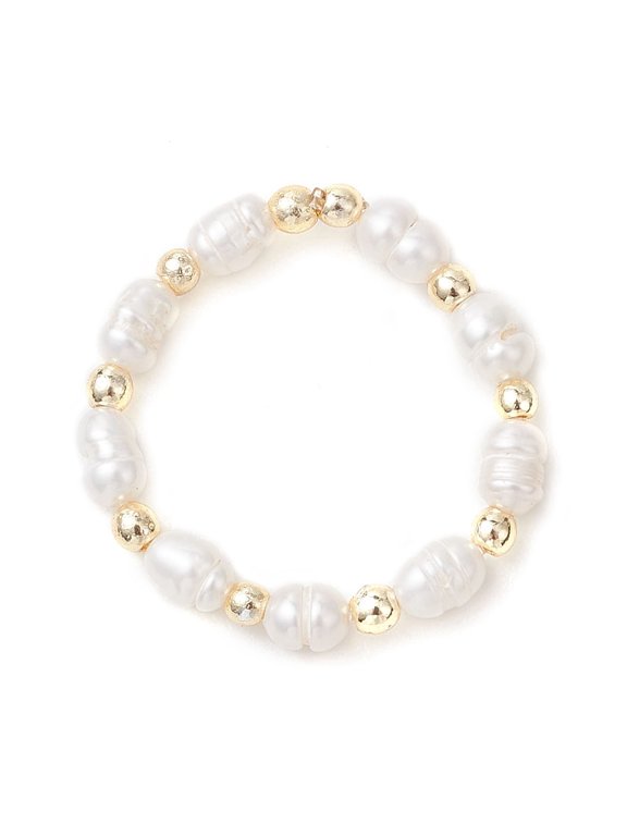 Pearl Stretch Rice Round Crystal Wide Smooth Lustrous Adjustable Beaded Ring Gold 3.5mm R198