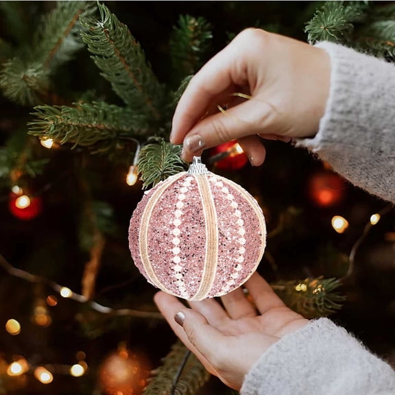 Pearl Striped Christmas Ball Ornament, 3.15 inch Foam Glitter Hanging Christmas Tree Pendant, Delicate Pearl‑Embellished Foam Bauble for Xmas Wreath Garland Home Holiday Decor