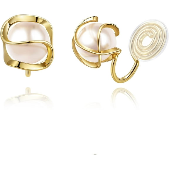 Pearl Stud Earrings for Women, 14K Gold Plated Caged Simulated Pearls Small Studs Hypoallergenic Light Weight Gold Pearl Earring Jewelry Gifts