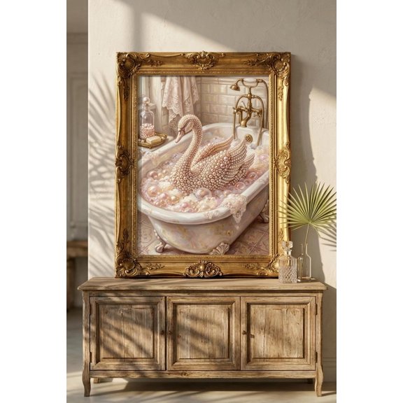 Pearl Swan Bathroom Wall Art: Vintage Swan Bath Luxury Bathroom Decor, Unframed Paper Print