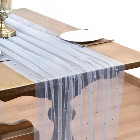 Pearl Table Runner 10 Ft Tulle Gauze Cloth for Party Decor Blue