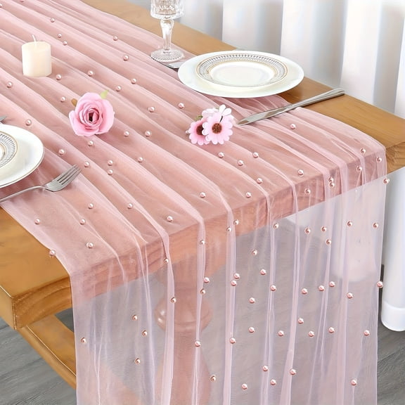 Pearl Table Runner Pink Tulle Fabric Boho Rustic Lace Tablecloth Table Runners for Bridal Shower Wedding Birthday Arch Veil Dessert Desk Decorations (Pink, 1pc),31.5*39.37inch