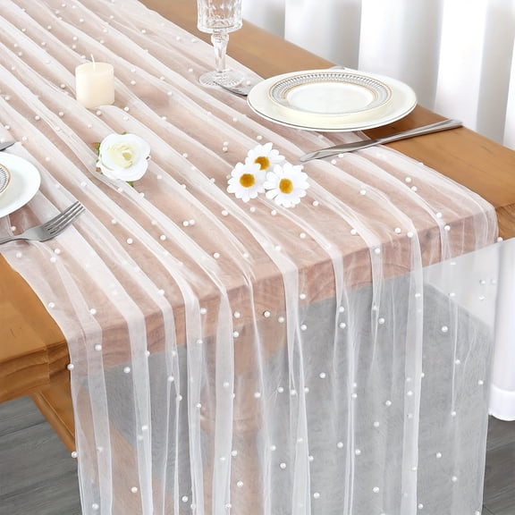 Pearl Table Runner Pink Tulle Fabric Boho Rustic Lace Tablecloth Table Runners for Bridal Shower Wedding Birthday Arch Veil Dessert