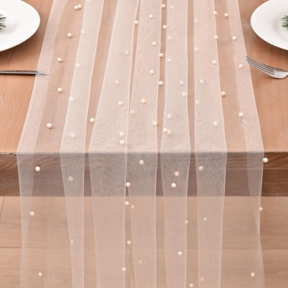Pearl Table Runner Rustic Boho Tulle Spring Summer Runner with Pearls for Wedding Party Veil Dessert Table Decor Champagne