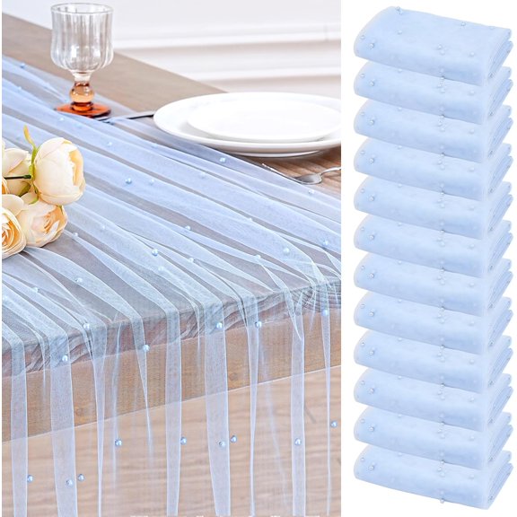 Pearl Table Runner Set: 12 Pieces, 29 Inch by 120 Inch, Baby Blue Tulle Chiffon Fabric