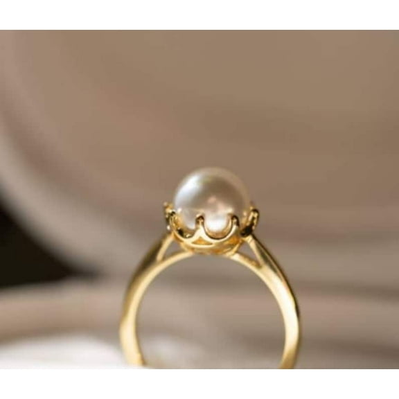 Pearl Thin Ring Round Pearl Studded June Birthstone Minimalist Handmade Statement Ring Women Precious Gemstone Bridal Ring 18K Yellow Gold Over Silver