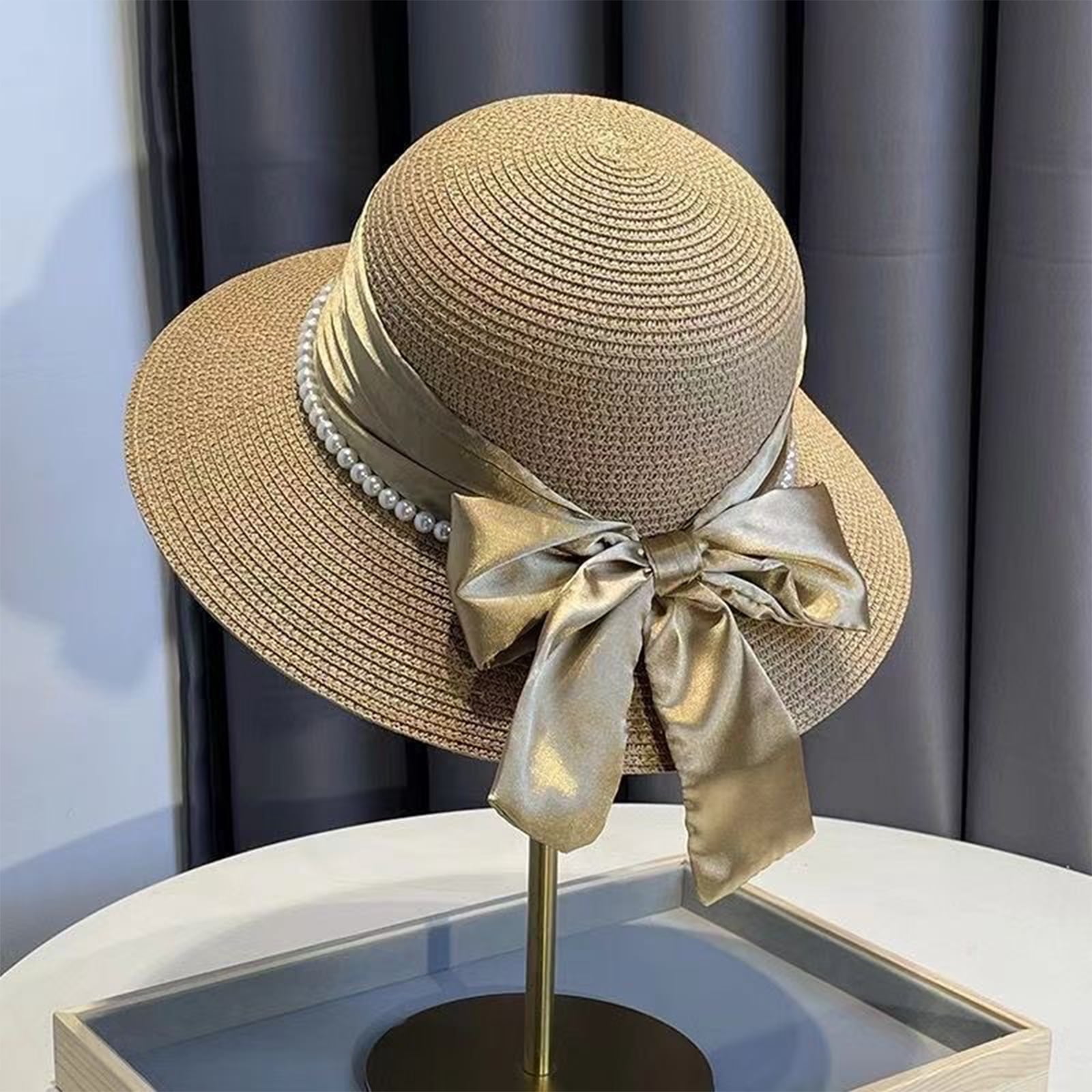 Bow Sun Pearl Trim Straw Hat French Beach Cap Ribbon Bow Sun Hat Wide Brim Tear ...