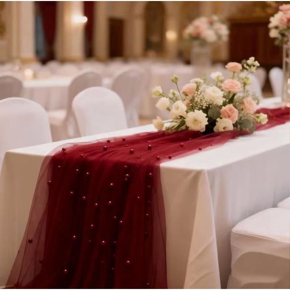 Pearl Tulle Table Runner, Burgundy, Pearl Tulle, practical textile construction, easy-fold format, for bedroom, laundry area, kitchen