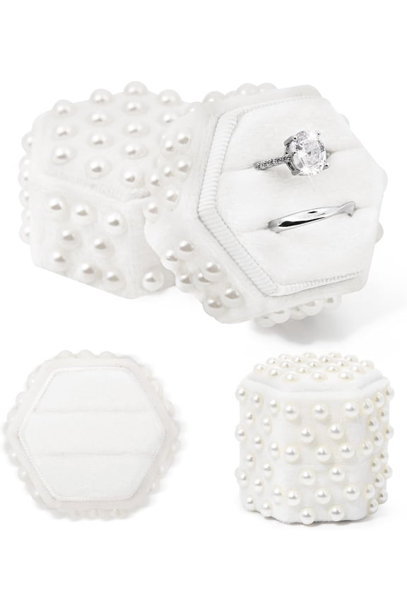 Pearl Velvet Ring Box 3 Slots Jewelry Ring Box with Pearl Wedding Decor Bridal Photography Engagement Gif