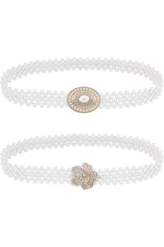 Pearl Waist Belts for DIY Women 2pcs Elastic Pearl Belts Wedding Sash Belt White Fashion Flower Buckle with Rhinestone Waistband Waist Chain for DIY Bridesmaid Bridal Dress