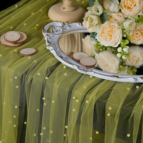 Pearl Wedding Arch Decorations Romantic Bridal Veil Lace Fabrics Dessert Table Cloth 63x120 inches Long Beaded Tulle Chiffon Tablecloth Bridal Shower Holiday Birthday Party Table Decor