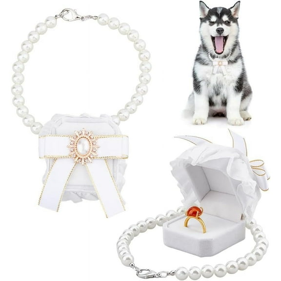 Pearl Wedding Dog Collar with Ring Box Rings Holder with Pet Rhinestone Couple Rings Bearer Case Cat Collar White Velvet Ring Box Collar for Proposal Engagement Wedding 13inch diy