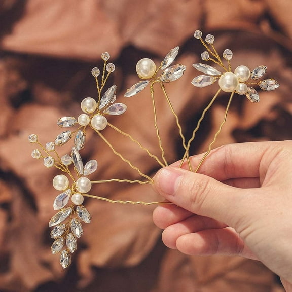 Pearl Wedding Hair Pins Sparkly Rhinestone Bridal Headpiece Hair Dress Minimalist Headwear Hair Piece Decorative Crystal Hair Accessories for Women and Girls(Pack of 4) (2-Gold)